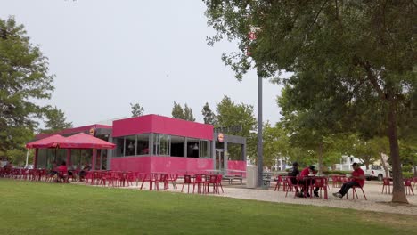 Customers-enjoy-the-nice-weather-on-the-terrace-of-a-hamburger-restaurant-in-a-park