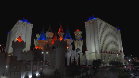Excalibur-Casino-Hotel-in-Las-Vegas-By-Night,-Castle-Architecture-Resort-Building