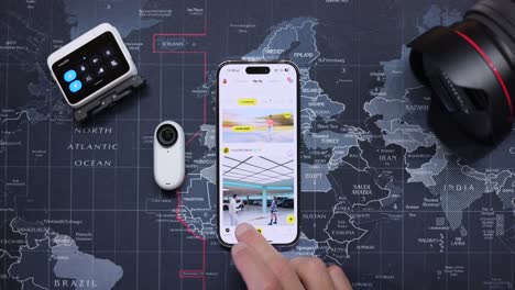 Vista-De-Arriba-Hacia-Abajo-De-Una-Mesa-Con-Un-Teléfono-Móvil-Con-La-Aplicación-Insta360-Abierta-Y-Una-Cámara-De-Acción-Insta360-Go-3-Al-Lado.