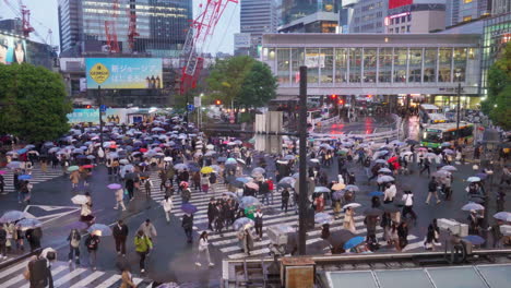 Tokio,-Japón---8-De-Abril-De-2023:-Vista-Del-Cruce-De-Shibuya,-Uno-De-Los-Cruces-Peatonales-Más-Transitados-Del-Mundo-En-Un-Día-Lluvioso