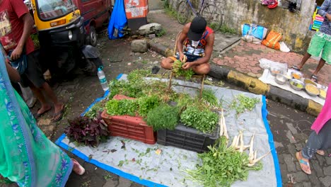 Man-Selling-Fresh-Leafy-Vegetables-On-The-Sidewalk-Floor-In-Mumbai,-India---high-angle-shot