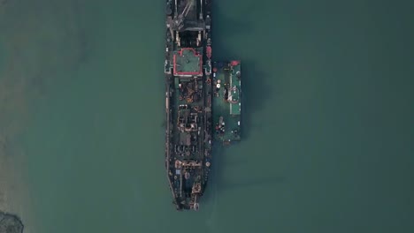 Ship-With-Loading-Equipment-In-Paradip-Port,-Orisha,-India---aerial-shot