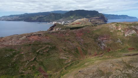 Aerial-view-towards-Ponta-de-sau-Lourenco,-Madeira,-Volcanic-mountain-valleys-hiking-trails-landscape,-Portugal