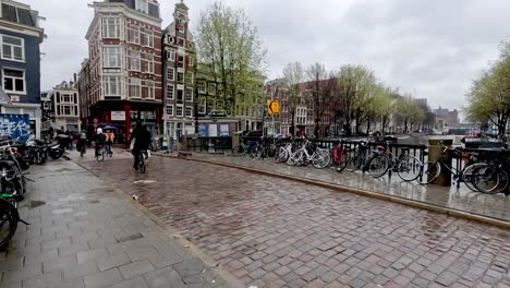 Wide-shot-of-Bridge-cluttered-with-parked-bikes.Amsterdam,Netherlands