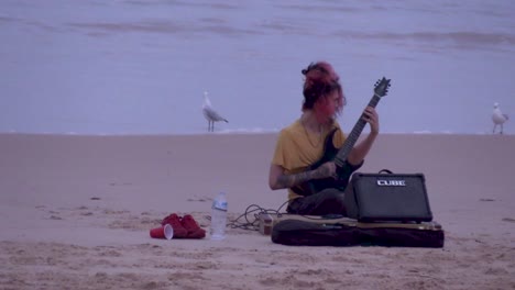 Músico-Callejero-Tocando-Playa-Guitarra-Gorro-Gaviotas-Varonil-Australia