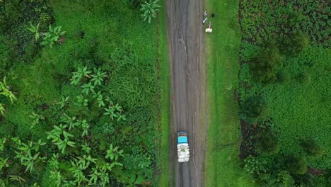 Small-truck-passing-countryside,-tropical-background