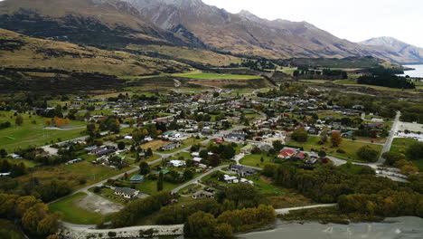 Small-town-of-Glenorchy-in-New-Zealand,-aerial-drone-view