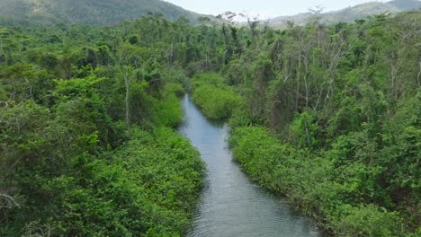 Drone-shot-of-San-Juan-river-which-flows-into-El-Valle-beach,-Samana,-Dominican-Republic