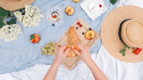 Having-a-picnic-in-the-park-in-summer,-person-is-splitting-bakery-product-on-a-half,-meal-taken-outdoors-as-part-of-an-excursion-concept