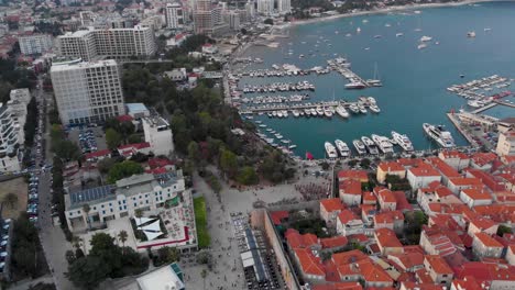 High-rise-Hotels,-Budva-Marina-And-Old-Town-In-The-Daytime-In-Budva,-Montenegro