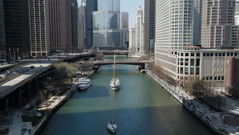 Aerial-view-of-the-windy-schooner-on-Chicago-river,-springtime-in-Illinois,-USA