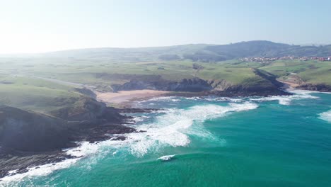 Majestic-Playa-de-Tagle,-Spain,-Aerial-Shot,-Big-Waves