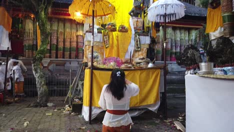 Balinese-Woman-Prays-Alone-pouring-Water-on-herself-under-Colorful-Umbrellas-in-Hindu-Temple-at-Bedulu-Village,-Religious-Ceremony