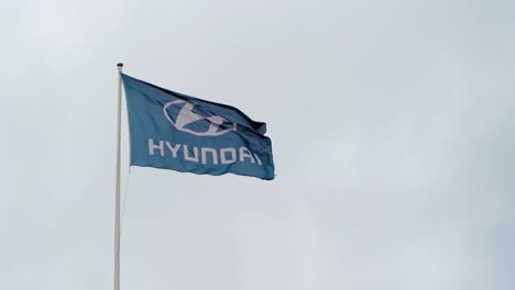 Bandera-Del-Concesionario-De-Automóviles-Hyundai-Ondeando-En-El-Viento-En-Un-Día-Nublado