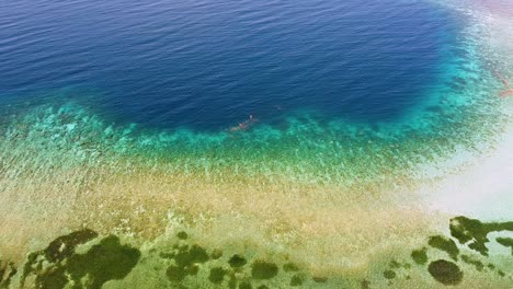 Aerial-seascape-view-of-coral-reef-ecosystem-with-crystal-clear-water,-turquoise-and-deep-blue-ocean-on-Coral-Triangle-in-Timor-Leste,-Southeast-Asia