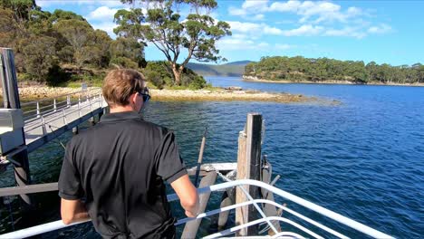 Port-Arthur,-Tasmania,-Australia---12-March-2019:-Docking-tourist-boat-at-the-Isle-of-the-Dead-at-Port-Arthur-Tasmania