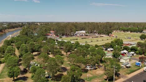 Yarrawonga,-Victoria,-Australia---17-February-2023:-Over-caravan-park-to-the-lawn-tennis-courts-and-temporary-courts-on-football-sports-oval