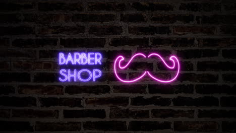 A-flickering-neon-sign-with-the-shape-of-a-moustache-beard-and-the-text-Barber-Shop,-hanging-from-a-brick-wall