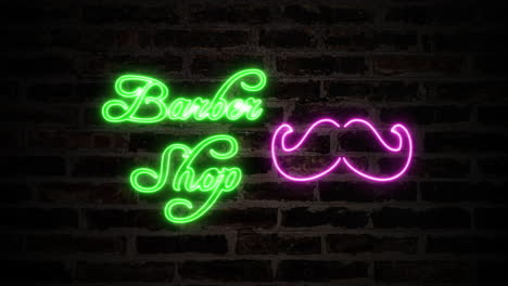 A-fancy-flickering-neon-sign,-hanging-from-a-brick-wall,-showing-a-pink-shape-of-a-moustache-beard-and-a-green-text,-Barber-Shop