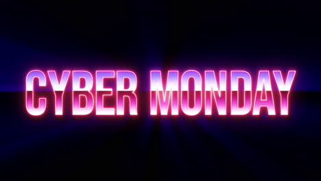 A-laser-sculpting-the-words-Cyber-Monday-with-a-neon-lighting,-filled-with-two-chrome-gradients,-with-rays-moving-on-the-background