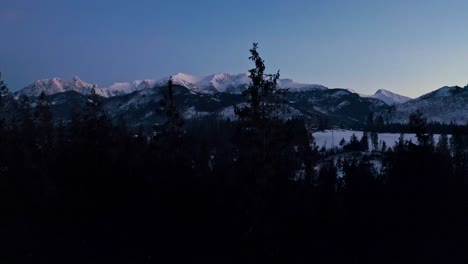 Blue-Hour-Drone-Aerial-Reveal-of-Mountain-Ranges-behind-trees