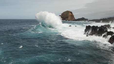 Atlantic-ocean-waves-splash-on-rocks-at-Madeira-island-coast,-slow-motion