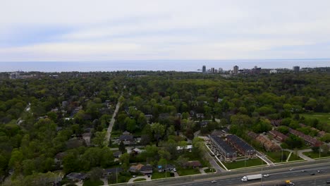 Aerial-view-of-a-Mississauga-neighborhood-overlooking-Lake-Ontario-on-an-overcast-day