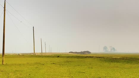 Green-fields-covered-by-the-fog-and-local-electricity-transmission-line-in-the-afternoon