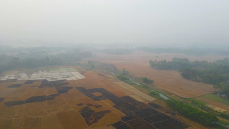 A-birds-eye-view-of-a-scorched-burnt-farmland-after-harvest-beside-a-canal-in-the-fog