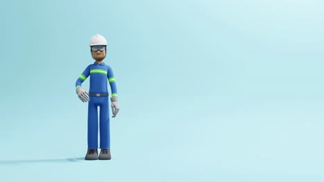 3D-Animation-Eines-Männlichen-Bauarbeiters,-Der-Vor-Hellblauem-Hintergrund-Mit-Der-Hand-Winkt