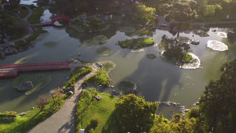 Panoramic-View-Of-Distinctive-Japanese-Garden-Park-in-Buenos-Aires-At-Sunset-Time,-Argentina
