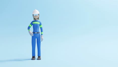 3D-Animation-of-a-female-construction-worker-waving-her-hand-in-a-light-blue-background