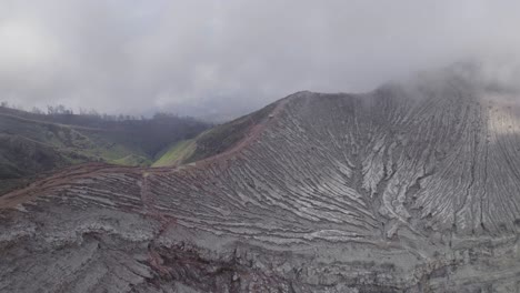 Mount-Ijen-Volcanic-Landscape-in-East-Java,-Indonesia---Aerial