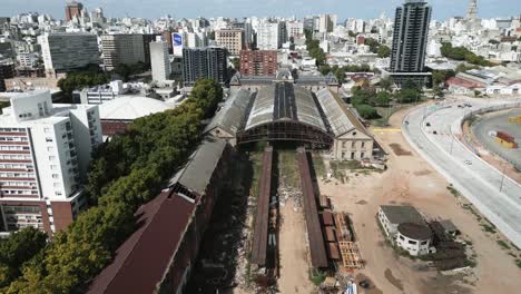 Aerial-view-of-abandoned-old-central-railway-station-of-Montevideo,-Uruguay