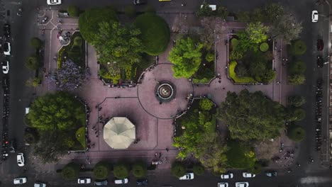Aerial-view-above-the-Zenea-Garden,-in-Queretaro-city,-Mexico---top-down,-drone-shot