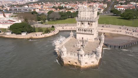 Aerial-View-Of-Belem-Tower-On-The-Bank-Of-The-Tagus-River-In-Lisbon,-Portugal