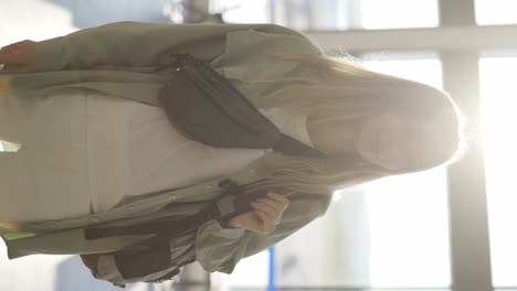 Portrait-of-a-stylish-young-blonde-girl-traveller-stands-in-airport-terminal