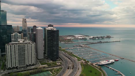 Aerial-view-of-Lake-Shore-Drive,-harbor-and-Navy-Pier,-Chicago
