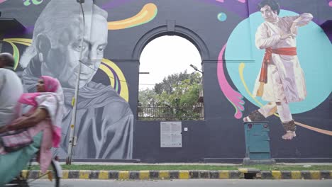 Graffiti,-murals,-and-artwork-on-the-streets-of-open-air-public-art-museums-in-Lodhi-art-district,-New-Delhi