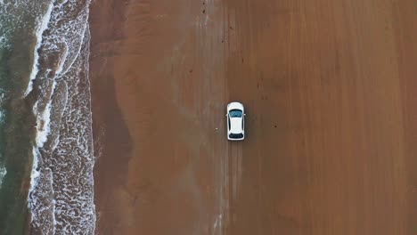 Aerial-Top-Down-View-as-Car-Drives-on-Sand-with-Waves