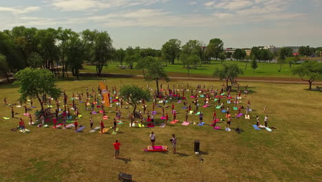 People-doing-yoga-or-sports-on-colored-mats-in-a-forest
