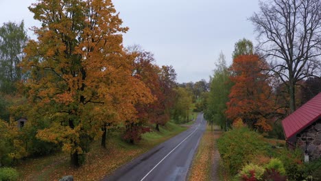 Small-village-and-endless-rural-road-in-autumn-season,-aerial-ascend-view