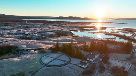 Flying-over-Thingvellir-National-Park-during-sunrise---South-Iceland-Aerial-View,-Golden-Circle