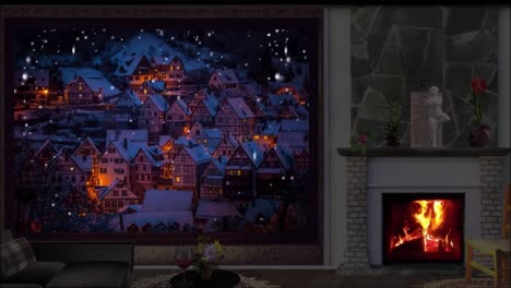 Hintergrund-Weihnachtsanimation-Eines-Gemütlichen-Wohnzimmers-Mit-Kamin-In-Einer-Verschneiten-Nacht,-Idyllische-Und-Ruhige-Urlaubsatmosphäre