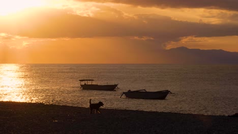 Silhouetted-fishing-boats-moored-near-the-beach-with-beautiful-golden-sky-sunset-in-capital-Dili,-Timor-Leste,-Southeast-Asia