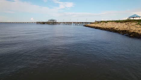Aerial-footage-of-Sunset-Point-fishing-pier-on-Lake-Pontchartrain-in-Mandeville-Louisiana
