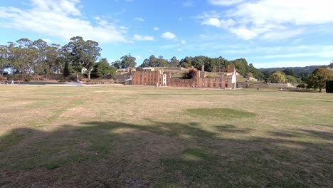 Port-Arthur,-Tasmania,-Australia---12-March-2019:-Pan-around-the-Port-Arthur-historic-site-looking-to-Carnarvon-Bay-in-Tasmania