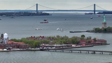 Verrazzano-Narrows-Bridge,-Statue-of-Liberty-and-Ellis-Island