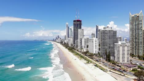 Surfers-Paradise,-Queensland-Australia---February-28-2021:-Beachgoers-buildings-sand-and-surf-at-Surfers-Paradise-Queensland-Australia
