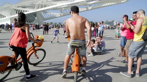 Detail-shot-of-orange-itau-bikes-in-Rio-de-Janeiro,-Brazil